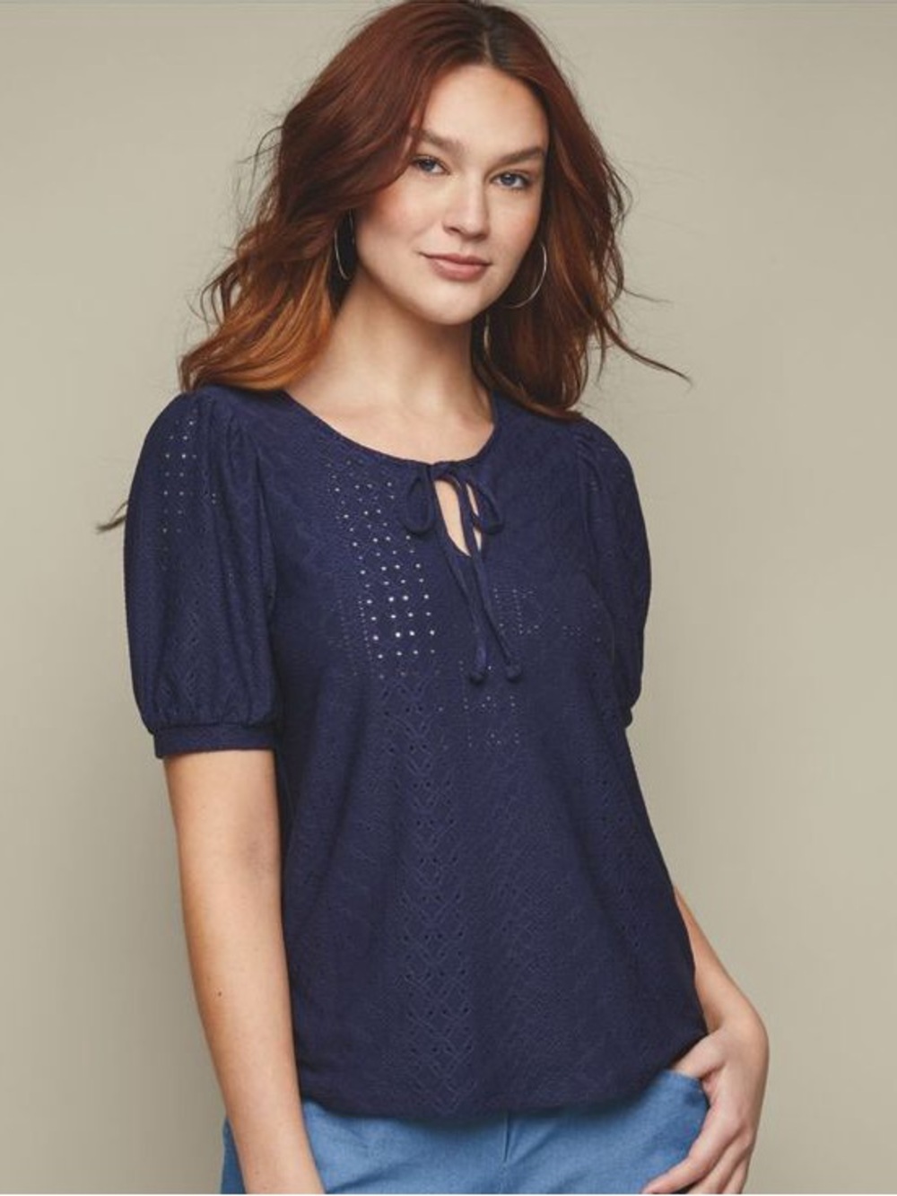Studio 1886 Puff Short Sleeve Eyelet Tie Neck Blouse